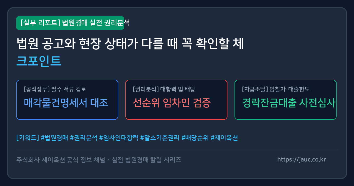 법원경매 공고와 현장 차이 확인 체크리스트 그래픽