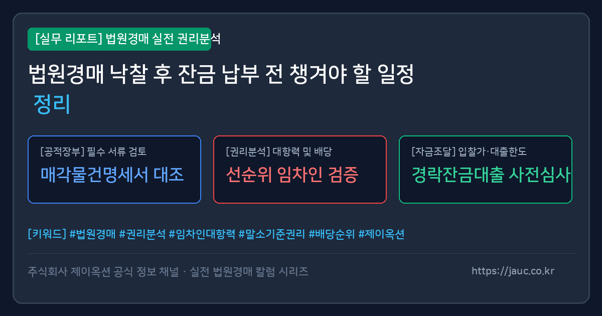 낙찰 후 잔금 납부 전 확인할 절차를 정리한 체크리스트 문서형 그래픽