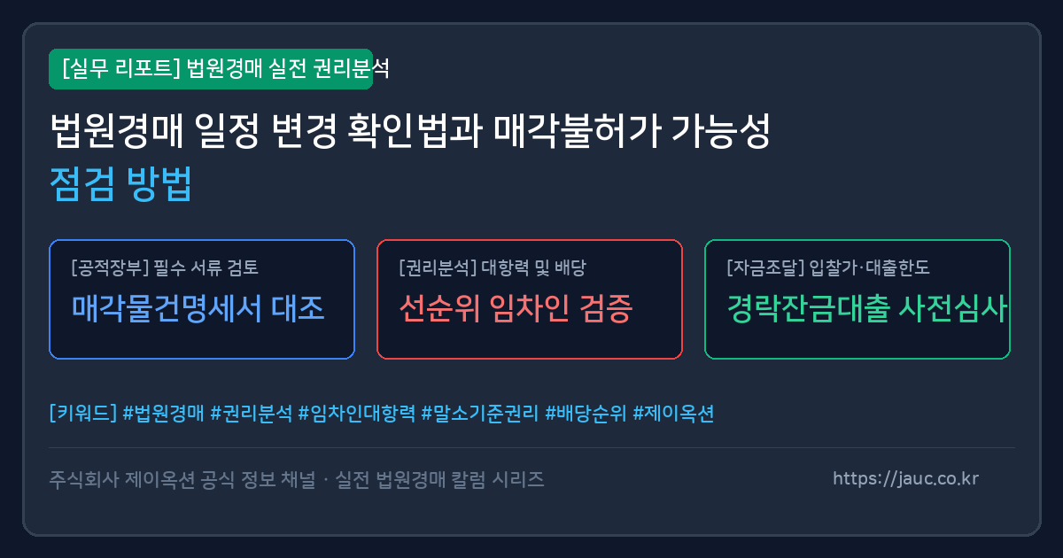 법원경매 일정 변경과 매각불허가 확인 항목을 정리한 체크리스트 문서 그래픽