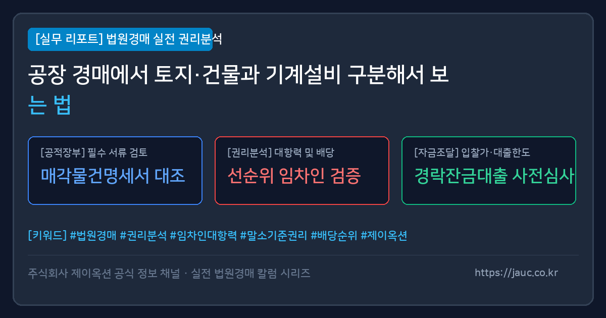 공장 경매에서 토지·건물과 기계설비 구분 확인 항목을 정리한 체크리스트형 문서 그래픽