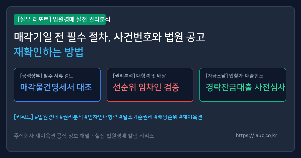 사건번호와 법원 공고 재확인 항목을 정리한 체크리스트 문서형 그래픽