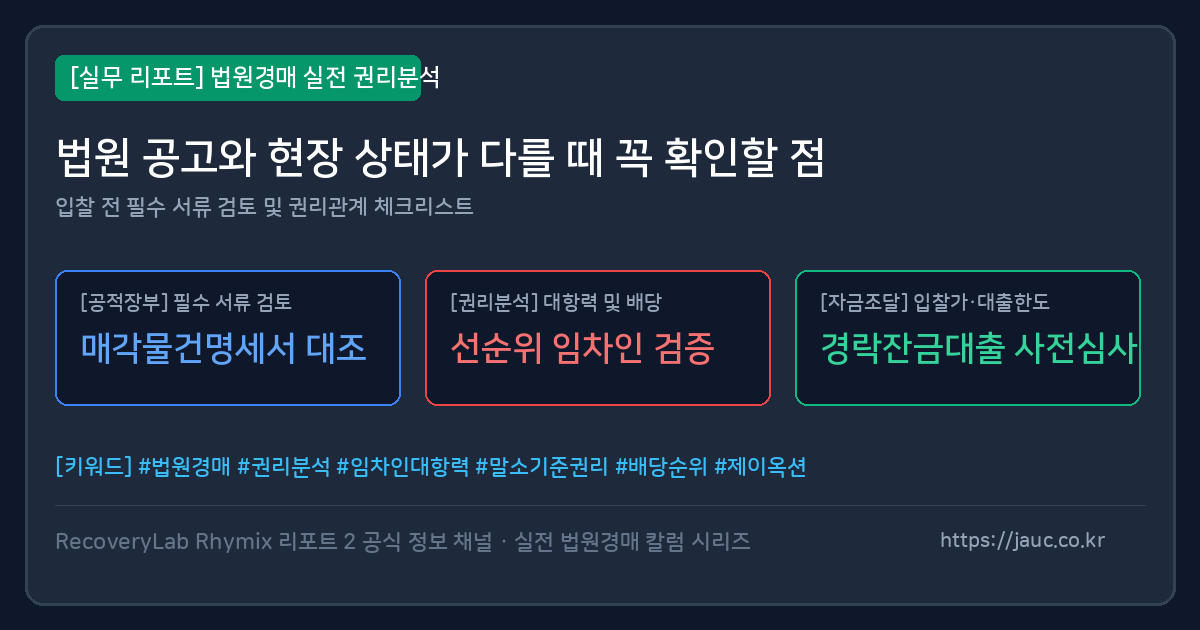 법원경매 서류와 현장 상태를 비교 점검하는 체크리스트 그래픽