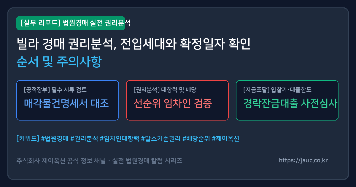 빌라 경매 권리분석 시 전입세대와 확정일자 확인 순서를 정리한 인포그래픽 이미지