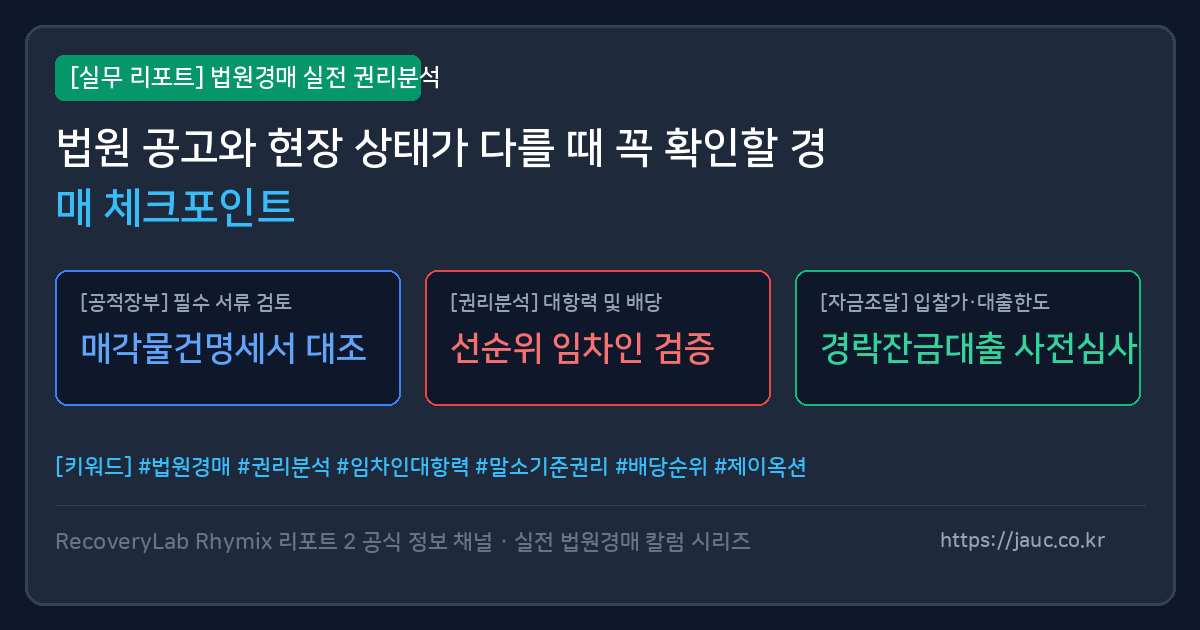 법원경매 공고와 현장 확인 항목을 비교한 체크리스트 그래픽