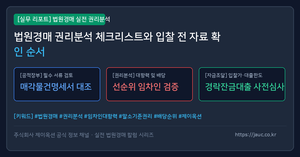 법원경매 권리분석 체크리스트와 자료 확인 순서를 설명하는 문서 그래픽 이미지