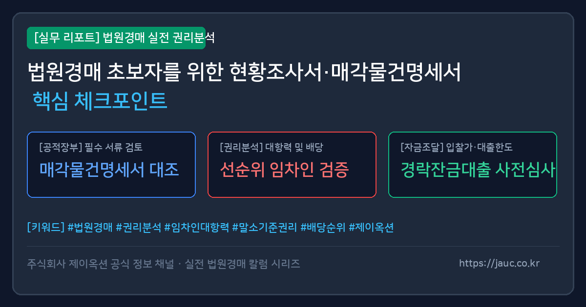 법원경매 현황조사서와 매각물건명세서의 핵심 확인 항목을 정리한 그래픽 체크리스트