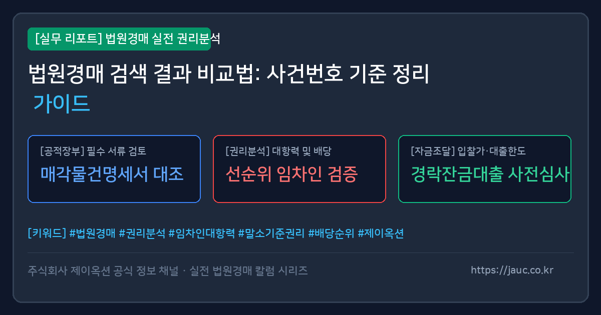 법원경매 사건번호별 검색 결과를 비교 정리하는 체크리스트 그래픽 이미지