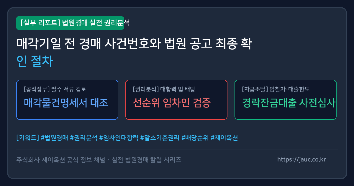 법원경매 매각기일 전 사건번호 및 공고 확인 순서 안내 그래픽