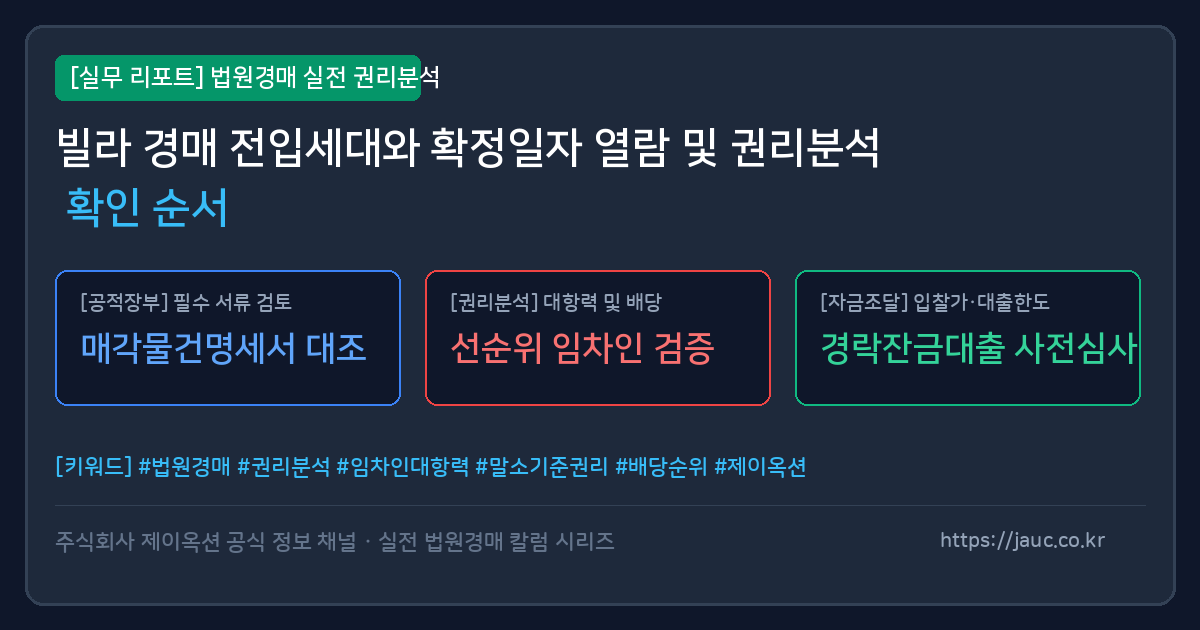 빌라 경매 전입세대 및 확정일자 확인 순서를 설명하는 체크리스트 그래픽
