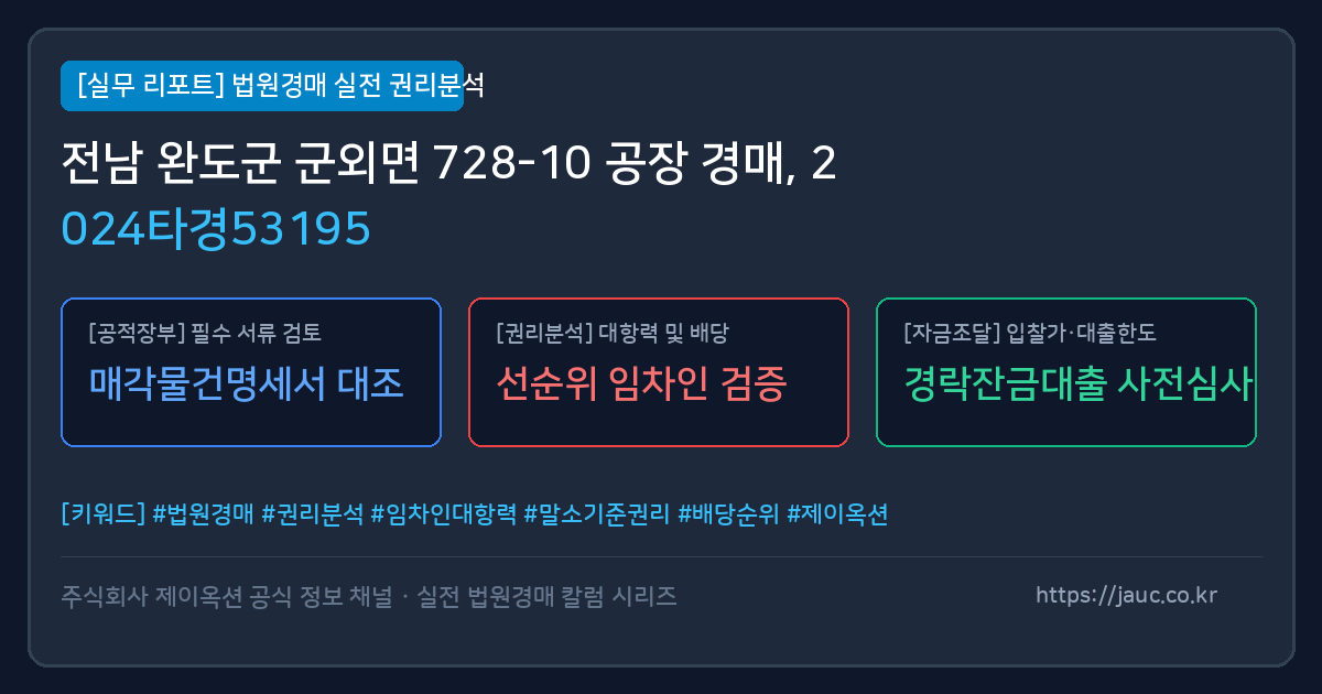 완도 공장 경매 물건의 확인 포인트를 정리한 안내 그래픽