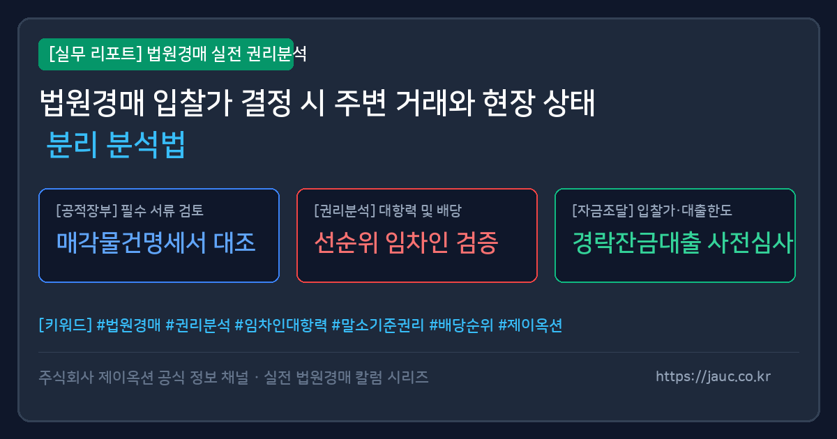 경매 입찰가 산정을 위한 주변 거래 시세와 현장 조사 항목이 정리된 체크리스트 그래픽 이미지