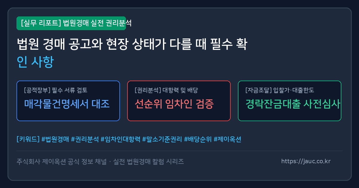 법원 경매 공고와 현장 상태 비교 점검 항목이 적힌 그래픽 체크리스트 이미지