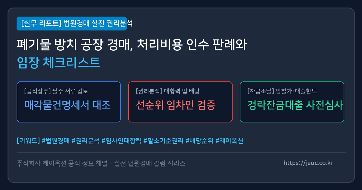 폐기물 방치 공장 경매 시 필수 확인 사항과 법적 리스크를 정리한 체크리스트 인포그래픽