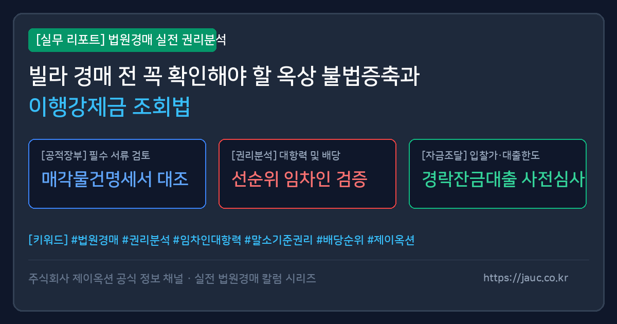 빌라 옥상 불법증축 및 이행강제금 확인을 위한 경매 체크리스트 문서 그래픽