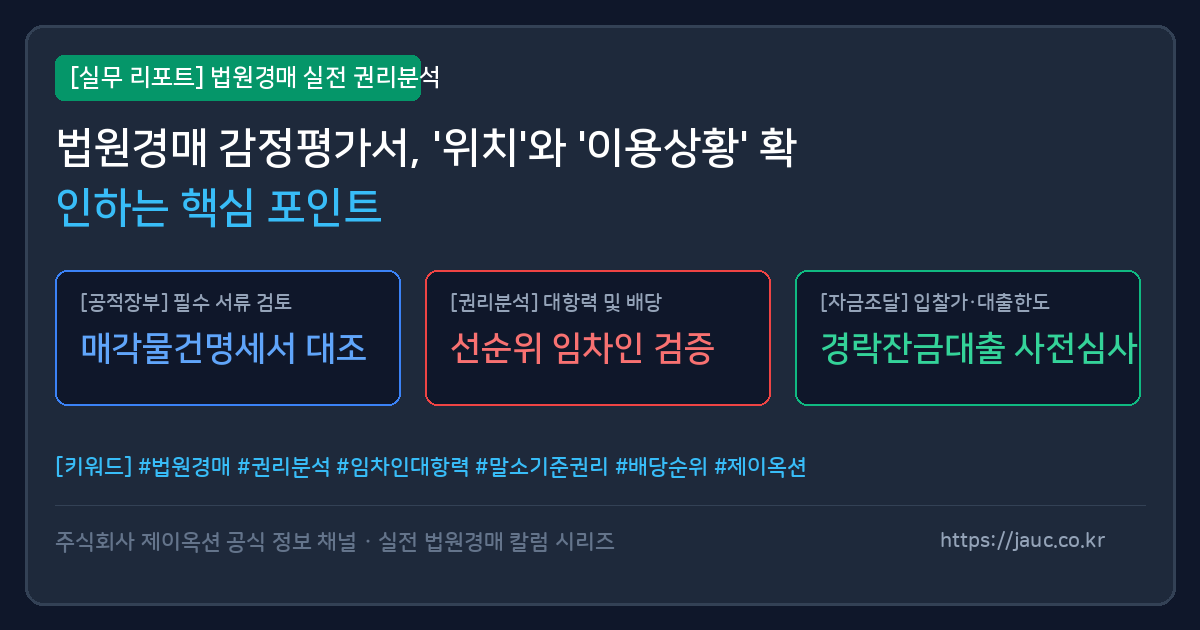 법원경매 감정평가서의 위치와 이용상황 체크리스트를 보여주는 문서형 인포그래픽