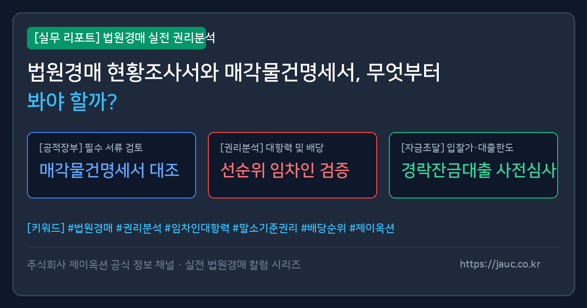 법원경매 현황조사서와 매각물건명세서 주요 확인 항목을 정리한 체크리스트 인포그래픽