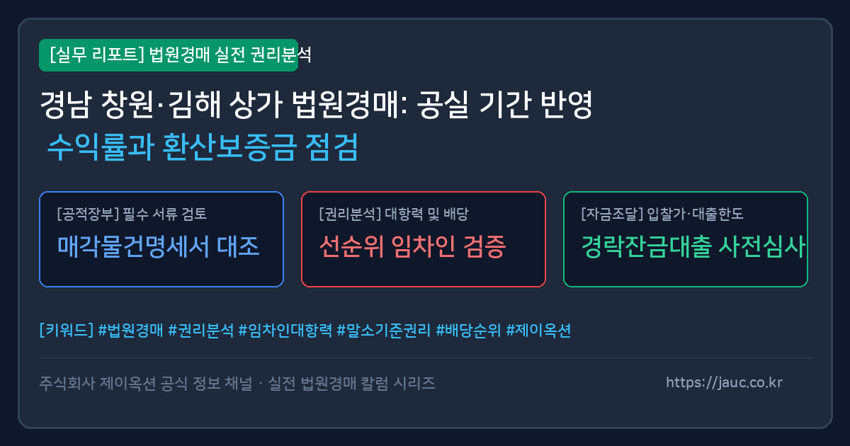 경남 상가 경매 공실 기간 반영 수익률 계산 및 환산보증금 체크리스트 인포그래픽