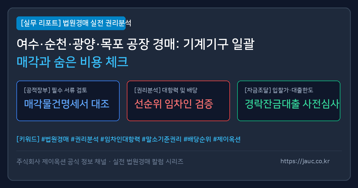 전남 공장 경매 기계기구 일괄매각 및 추가 비용 체크리스트 인포그래픽
