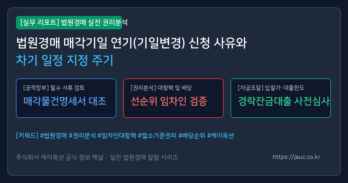 법원경매 매각기일 연기 사유와 차기 일정 지정을 설명하는 인포그래픽 리포트
