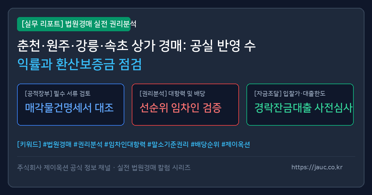 강원 상가 경매 공실 수익률 및 환산보증금 체크리스트 인포그래픽
