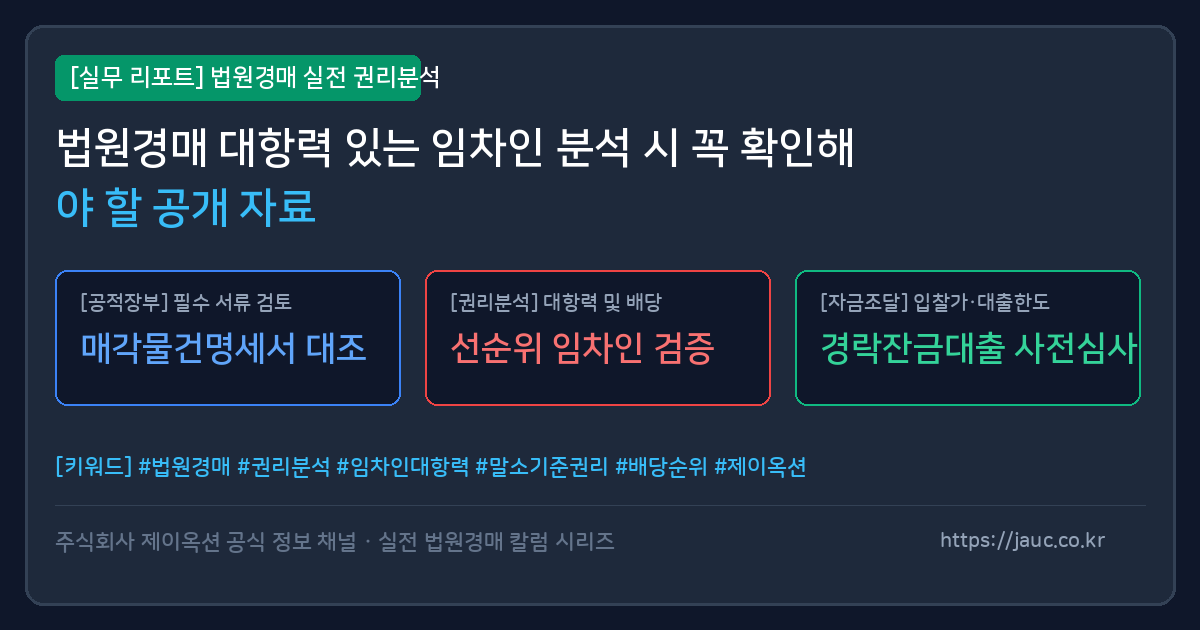 법원경매 대항력 분석에 필요한 공개 자료 체크리스트와 서류 아이콘을 나타낸 그래픽