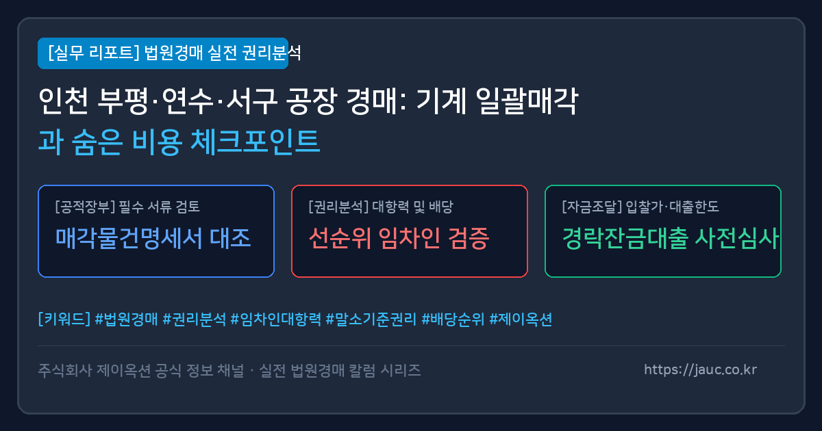 공장 경매 체크리스트와 기계기구·폐기물·전기비용 확인 사항을 정리한 인포그래픽
