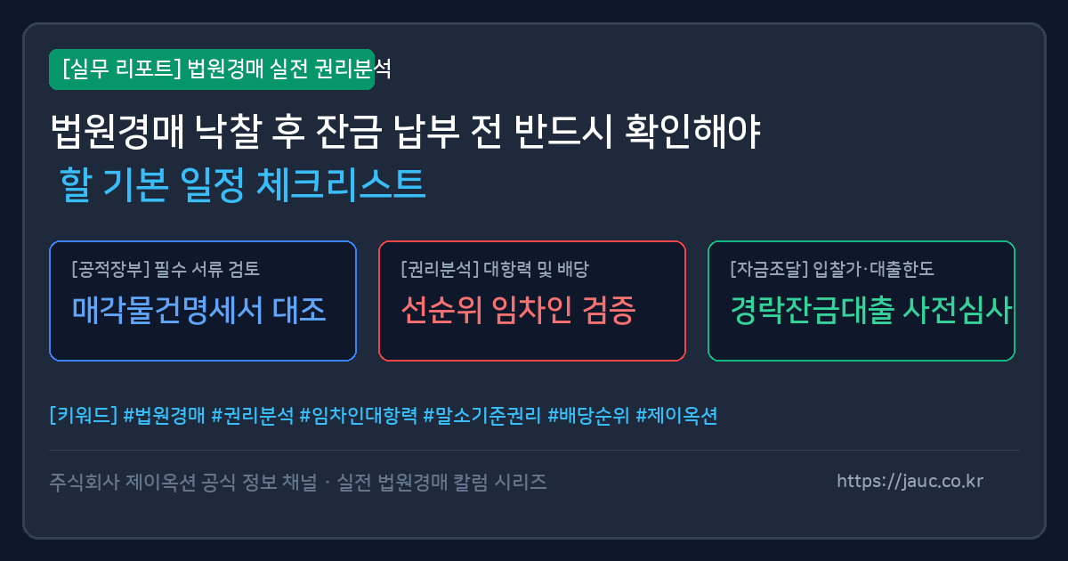 법원경매 낙찰 후 잔금 납부 일정 및 체크리스트 인포그래픽