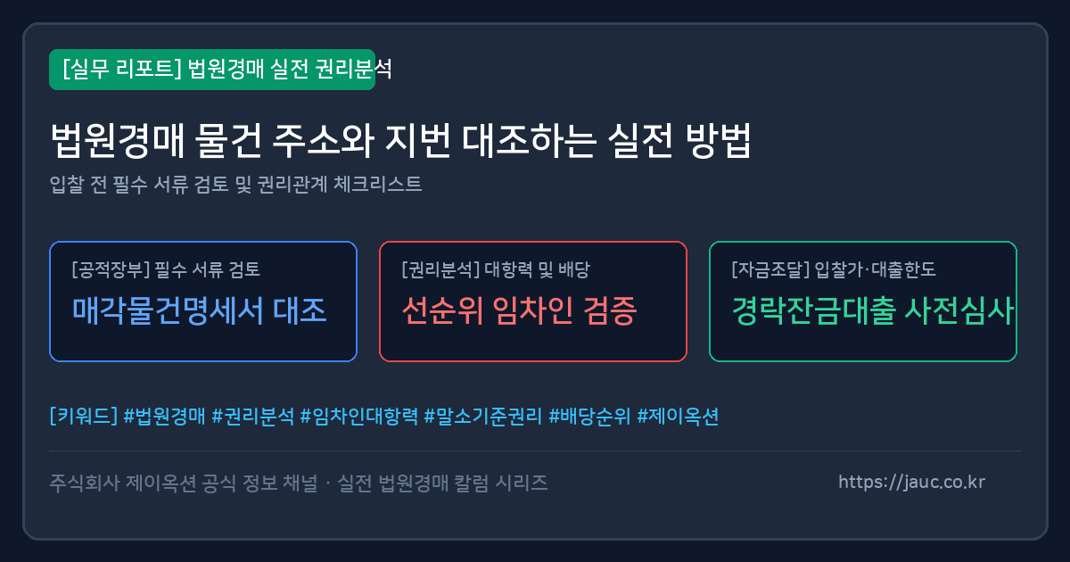 법원경매 물건 주소와 지번 대조 방법을 설명하는 체크리스트 문서 그래픽