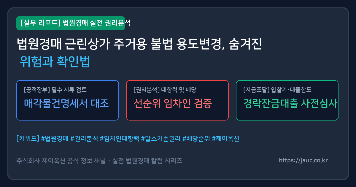 근린상가 불법 용도변경 위험 및 경매 입찰 시 확인해야 할 체크리스트 인포그래픽