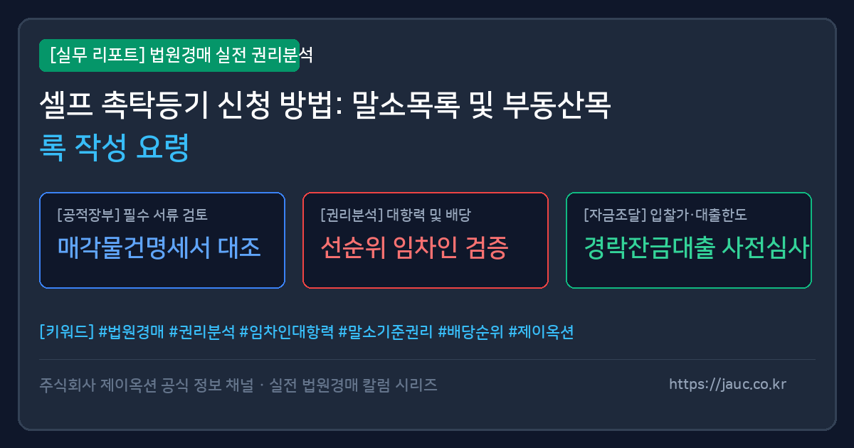 셀프 촉탁등기 신청 시 필요한 부동산목록과 말소목록 작성 요령을 정리한 체크리스트 그래픽