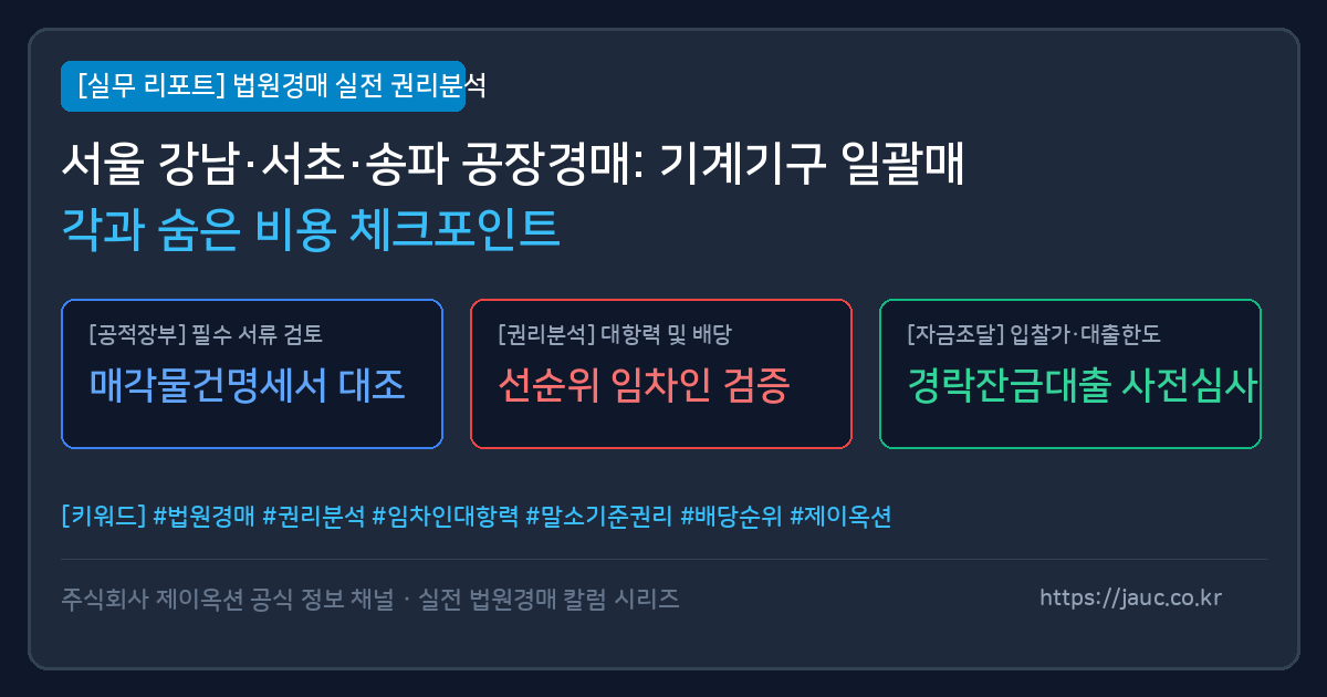 서울 강남 서초 송파 공장경매 기계기구 일괄매각 및 비용 체크리스트 인포그래픽