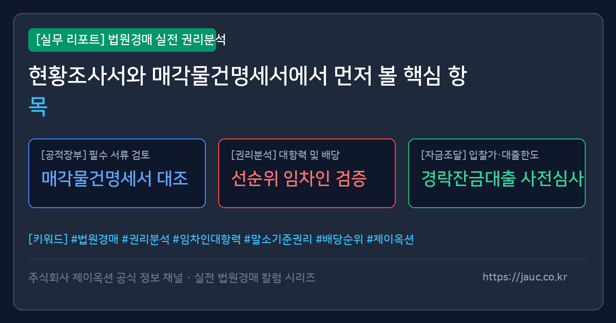 현황조사서와 매각물건명세서 확인 항목 체크리스트 그래픽