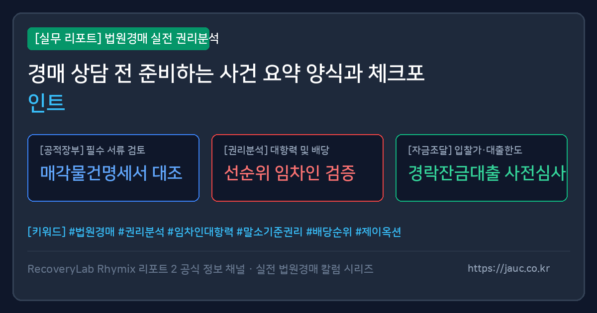 법원경매 상담 전 사건 요약 체크리스트를 정리한 문서형 그래픽