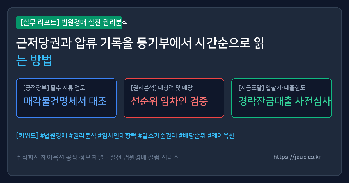 근저당권과 압류 기록을 날짜순으로 정리한 경매 권리분석 체크리스트 그래픽