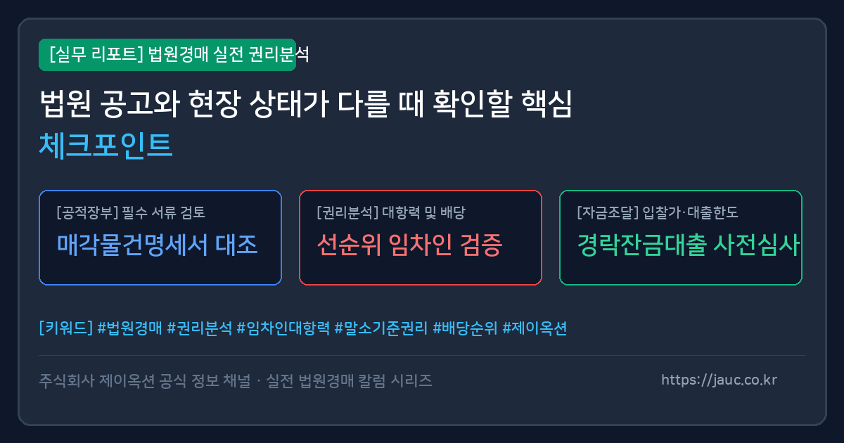 법원경매 공고와 현장 차이 확인 체크리스트 그래픽